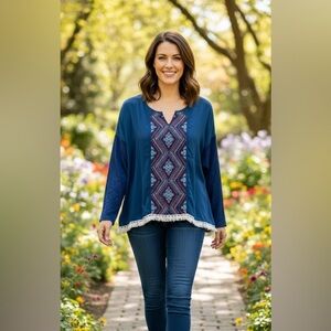 Takara women’s blue embroidered tassel hem detail blouse size medium